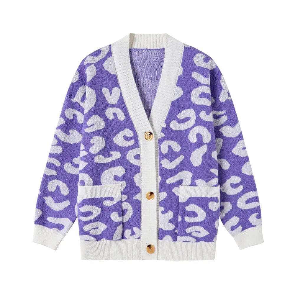 Leopard Clothing Violet / One Size Fall Winter Leopard Jacquard Cardigan Women with Buttons Oversized Jacket Loose Warm Knitted Cardigan for Women C-136