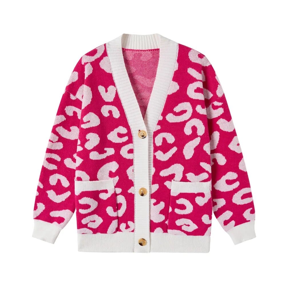 Leopard Clothing Fuchsia / One Size Fall Winter Leopard Jacquard Cardigan Women with Buttons Oversized Jacket Loose Warm Knitted Cardigan for Women C-136