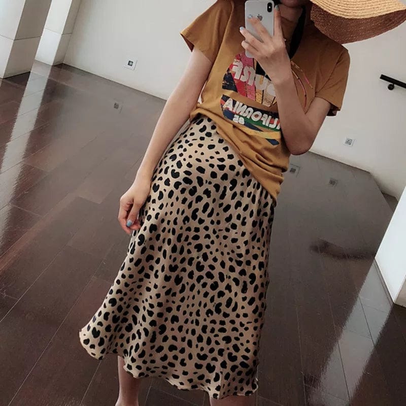 Leopard clothing long style / S Leopard print satin midi skirt